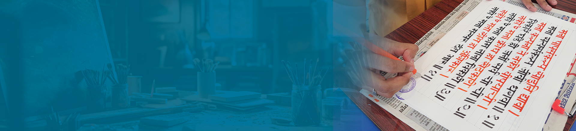 Calligraphy class students learning handwriting art